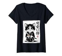 Damen Kawaii Kätzchen Samurai Katze - Japanisches Baby Neko T-Shirt mit V-Ausschnitt