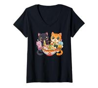 Damen Kawaii schwarz-orange gestromte Katze Ramen Bubble Tea Kinde T-Shirt mit V-Ausschnitt