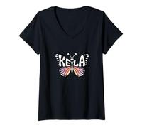 Damen Keila Schmetterling - Personalisierte süße Namens-Wortkunst T-Shirt mit V-Ausschnitt