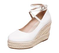 Damen Keilabsatz Espadrilles Sandaletten Mary Jane Boho Plateau Schuhe | Sommerliche Rauleder-Optik Pumps mit Jute Bastsohle Gekreuzte Riemchen Schnalle Runder Zehenbereich Trachten