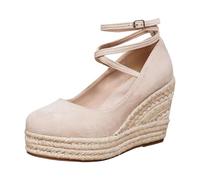 Damen Keilabsatz Espadrilles Sandaletten Mary Jane Boho Plateau Schuhe | Sommerliche Rauleder-Optik Pumps mit Jute Bastsohle Gekreuzte Riemchen Schnalle Runder Zehenbereich Trachten