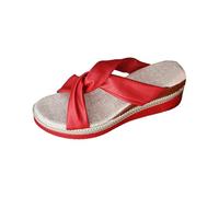 Damen Keilabsatz Pantoletten Sommer Orthopädische Offen Zehenbereich Sandalen mit Leder Riemen Plateau Weite Füße Hausschuhe Elegant Barfuß Schuhe Bequem Weiche Sommerschuhe (Red, 40)