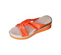 Damen Keilabsatz Pantoletten Sommer Orthopädische Offen Zehenbereich Sandalen mit Leder Riemen Plateau Weite Füße Hausschuhe Elegant Barfuß Schuhe Bequem Weiche Sommerschuhe (Orange, 41)