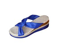 Damen Keilabsatz Pantoletten Sommer Orthopädische Offen Zehenbereich Sandalen mit Leder Riemen Plateau Weite Füße Hausschuhe Elegant Barfuß Schuhe Bequem Weiche Sommerschuhe (Dark Blue, 36)