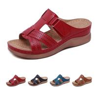 Damen Keilsandalen Sommer Orthopädische Open Toe Vintage Anti-Rutsch Casual Female Plateau Ledersandalen(Red,38 EU)