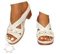 Damen Keilsandalen, Sommer Plateau Sandalen Mit Blumen Deko Offene Zehen Slip on Pantoletten Große Größen Bequeme Leichte Freizeitschuhe Für Alltag Urlaub Strand,Weiß,43 EU