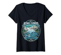 Damen Kenai Fjords National Park Alaska Gletscher und Wildlife Badge T-Shirt mit V-Ausschnitt