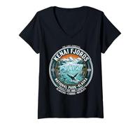 Damen Kenai Fjords National Park Alaska Retro Wal & Glacier Art T-Shirt mit V-Ausschnitt