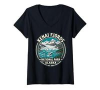 Damen Kenai Fjords National Park Alaska Vintage Wal und Gletscher T-Shirt mit V-Ausschnitt