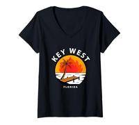 Damen Key West Florida Palme Sonnenuntergang T-Shirt mit V-Ausschnitt