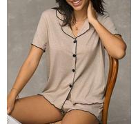Damen Khaki minimalistische Kragen offene Vorderseite Rüschenkante leichte weiche fließende Musselin Stoff Kurzarm Shorts, Casual Loungewear Pyjama Se