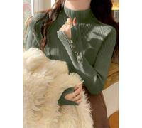 Damen Khaki Rollkragenpullover, mit Metallknopf Dekor, warmer Strickpullover zum Layering, geeignet für Pendeln und den täglichen Gebrauch, Herbst/Win