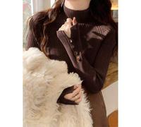 Damen Khaki Rollkragenpullover, mit Metallknopf Dekor, warmer Strickpullover zum Layering, geeignet für Pendeln und den täglichen Gebrauch, Herbst/Win