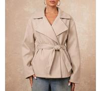 Damen Khaki Wickelmantel mit Gürtel, Stehkragen, asymmetrischem Knopfdetail, breitem Revers, überschnittenem Schulterdesign, langen Ärmeln, herbstlich