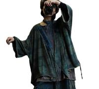 Damen-Kimono-Hemd, Vintage-Stil, geometrisches Muster, Denim-Look, Blaugrün, Blau, Einheitsgröße