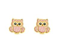 Damen & Kinder Hellrosa Emaille Eule Ohrstecker Gelbgold 9k - Mondepetit - Geschenkbox - Garantiezertifikat