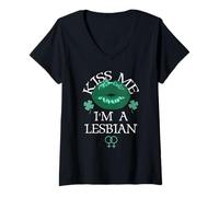 Damen Kiss Me I'm a Lesbian St Patricks Day Green Lips Les Pride T-Shirt mit V-Ausschnitt