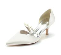 Damen Kitten Heels Hochzeitsschuhe Geschlossener Zehen Satin Pearls Party Brautschuhe Slip on Kleid Pumps,Elfenbein,39 EU
