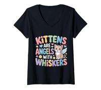 Damen Kittens Are Angels with Whiskers Flauschiges Katzenhaustier T-Shirt mit V-Ausschnitt