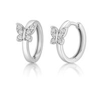 Damen Klappcreolen Schmetterling, 925 Sterling Silber, 14mm, Zirkonia Besetzt, Glanzpoliert, Weiß, 2 Stück