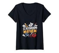 Damen Klassenzimmer Chaos Schule Humor Design T-Shirt mit V-Ausschnitt