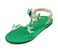 Damen Klassische Sandalen Boho Flache Strandschuhe Elegante Damen Sandalen Strass Schmetterling Elastische Sandaletten mit Blockabsatz Sommer Offene Zehen Lässig Freizeitschuhe (Green, 38)