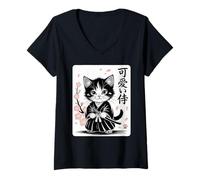 Damen Klassische süße Kawaii-Baby-Samurai-Katze - niedliche japanische Sakura T-Shirt mit V-Ausschnitt