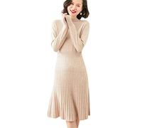 Damen Kleid 100% Kaschmir Strickkleider Winter Mode O Ausschnitt Frauen Kleid Beige M