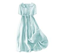 Damen-Kleid aus Baumwolle und Leinen, einfarbig, Retro, V-Ausschnitt, Freizeitkleid, Sommerkleid, Maxikleid, grün, S