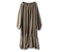 Damen-Kleid, Baumwollleinen, Rüschen, Oversize, Laternenärmel, Kordelzug, Ausschnitt, lässig, Midi, Baggy-Kleid, grünes Braun, Einheitsgröße Mehr