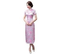 Damen Kleid Cheongsam, Satin National Cheongsam Kleid Kurzarm, Schmales Maxikleid Jacquard-Blumen-Qipao-Kleid, Elegant, Plus Größe, Sexy Cocktailabend-Hochzeitskleid Für Mädchen, Braut, Pink, 3Xl