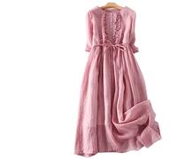 Damen Kleid, Damen Baumwoll-Leinen Kleid Sommer Kurzarm Kleid O-Ausschnitt Knopfleiste Rüschen Kleid Binde Taille Boho Für Party Bankett Strandurlaub,Rosa,XXL