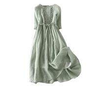 Damen Kleid, Damen Baumwoll-Leinen Kleid Sommer Kurzarm Kleid O-Ausschnitt Knopfleiste Rüschen Kleid Binde Taille Boho Für Party Bankett Strand Urlaub,Grün,L