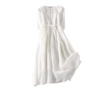 Damen Kleid, Damen-Baumwoll-Leinen-Kleid, Sommer, Kurzarm, O-Ausschnitt, Knopfleiste, Rüschenkleid, Bindegürtel, Boho, Für Party, Bankett, Strandurlaub, Weiß, XL