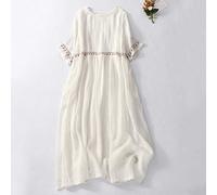 Damen Kleid, Damen-Boho-Kleid, Elegant, Locker, Kurze Ärmel, O-Ausschnitt, A-Linie, Taille, Stickerei, Leinen, Strandkleid, Retro-Freizeitkleid, Midi-Kleid, Lässige Nachtwäsche, Weiß, XL