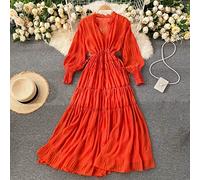 Damen Kleid, Damen-Boho-Kleid, Elegantes Plissee-Midikleid, 3/4 Laternenärmel, Urlaubskleid, Separate Hosenträger, Kordelzug, Elastische Taille Für Büro, Freizeit, Sommer-Damenkleid, Orange