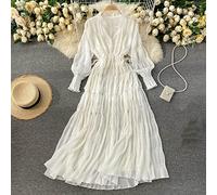 Damen Kleid, Damen-Boho-Kleid, Elegantes Plissee-Midikleid, 3/4-Laternenärmel, Urlaubskleid, Separate Hosenträger, Kordelzug, Elastische Taille Für Büro, Freizeit, Sommer-Damenkleid, Weiß