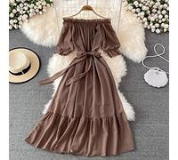 Damen Kleid, Damen-Chiffon-Kleid, Modisches Kleid, One-Shoulder-Laternenärmel, Gürtel, Nähte, Rüschenbesatz, Swing-Rock, Vintage, Formelles Hochzeitsgast-Cocktail-Partykleid, Braun