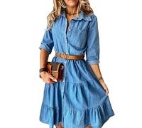 Damen Kleid, Damen-Jeanskleid Elegant Blau Gespleißt Lange Ärmel V-Ausschnitt Einreihig Freizeitkleid Lockeres A-Linien-Stufen-Midikleid Herbst-Vintage-Waschung Verblasste Jeanskleider Mit Gürtel S