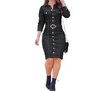Damen Kleid, Damen-Jeanskleid Sexy Schmales Langarm-Bleistiftkleid Mit V-Ausschnitt Herbst Elegantes Hemdkleid Mit Brusttasche Knopfleiste Vintage-Jeanskleid Im Used-Look Mit Gürtel Schwarz Xl