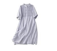 Damen Kleid, Damen Lockeres Baumwoll-Leinenkleid Sommer Kurzarmkleid Brust Plissee Hemdkleid Knopfleiste Mit Tasche Boho Für Party Bankett Strandurlaub,Blau,M