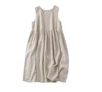 Damen Kleid, Damenkleid Aus Baumwolle Und Leinen, Sommer, Einfarbig, Ärmellos, V-Ausschnitt, Weich Und Atmungsaktiv, Boho-Kleid Für Büro, Party, Bankett, Strandurlaub,Beige,L