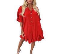 Damen-Kleid, einfarbig, goldfarben, Knopf, Rüschensaum, italienisches Kleid, Top, kurzärmelig, Kragen, plissiert, Swing-Kleid, rot, Einheitsgröße