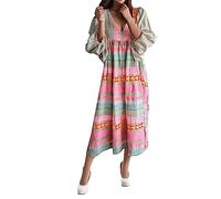 Damen Kleid - Frauen 2023 Elegante Casual Mode FrüHjahr Sommer Kleid Vintage V-Ausschnitt Hohe Taille Puff Sleeve Print Lange Maxi Strand Kleider Apart Fashion Damen Kleid Blau