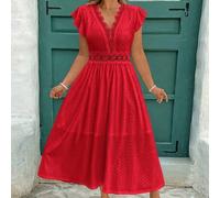 Damen Kleid in Große Größen für Frühling/Sommer, weißes gestricktes Jacquard elastische Spitze Patchwork Kragen & Taille A-Linie Kurzarm Kleid, Sommer