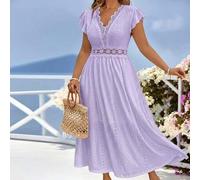 Damen Kleid in Große Größen für Frühling/Sommer, weißes gestricktes Jacquard-Kleid mit elastischer Spitze an Kragen und Taille, A-Linie, Langarm