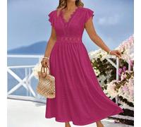 Damen Kleid in Große Größen für Frühling/Sommer, weißes gestricktes Jacquard-Kleid mit elastischer Spitze, Kragen- und Taillenbesatz, A-Linie, Langarm