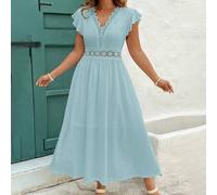 Damen Kleid in Große Größen für Frühling/Sommer, weißes gestricktes Jacquard-Kleid mit elastischer Spitze an Kragen und Taille, A-Linie, Langarm