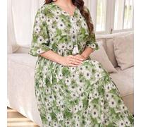 Damen-Kleid in großen Größen aus Viskose, Muster, A-Linie, lang, lässig, für Urlaub und Pendeln, mit Bermuda-Ärmeln