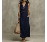 Damen Kleid Kurz Baumwolle Mix Sommer Strand Urlaub(Navy Blue L)
